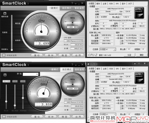 高级模式下将外频调到220MHz，羿龙Ⅱ X4 970的频率已经提升到了3.85GHz。