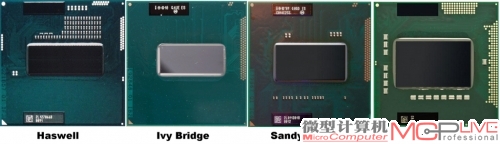 Haswell的芯片面积并不大，图为早前流传出的Haswell对比Ivy Bridge、Sandy Bridge等处理器的核心晶片。