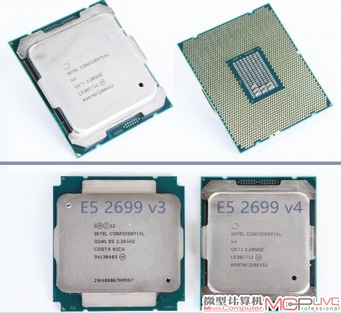 至强 E5-2699 v4处理器正面和背面图（上）、E5 2699 v3和E5 2699 v4正面对比图（下），全新的14nm工艺带来的集成度提升在外观上就可以看出来。